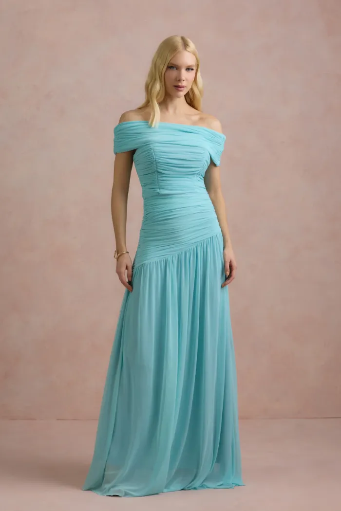 VESTIDO DE FESTA ALICE MICROTULE COM CAPA - AZUL TIFFANY