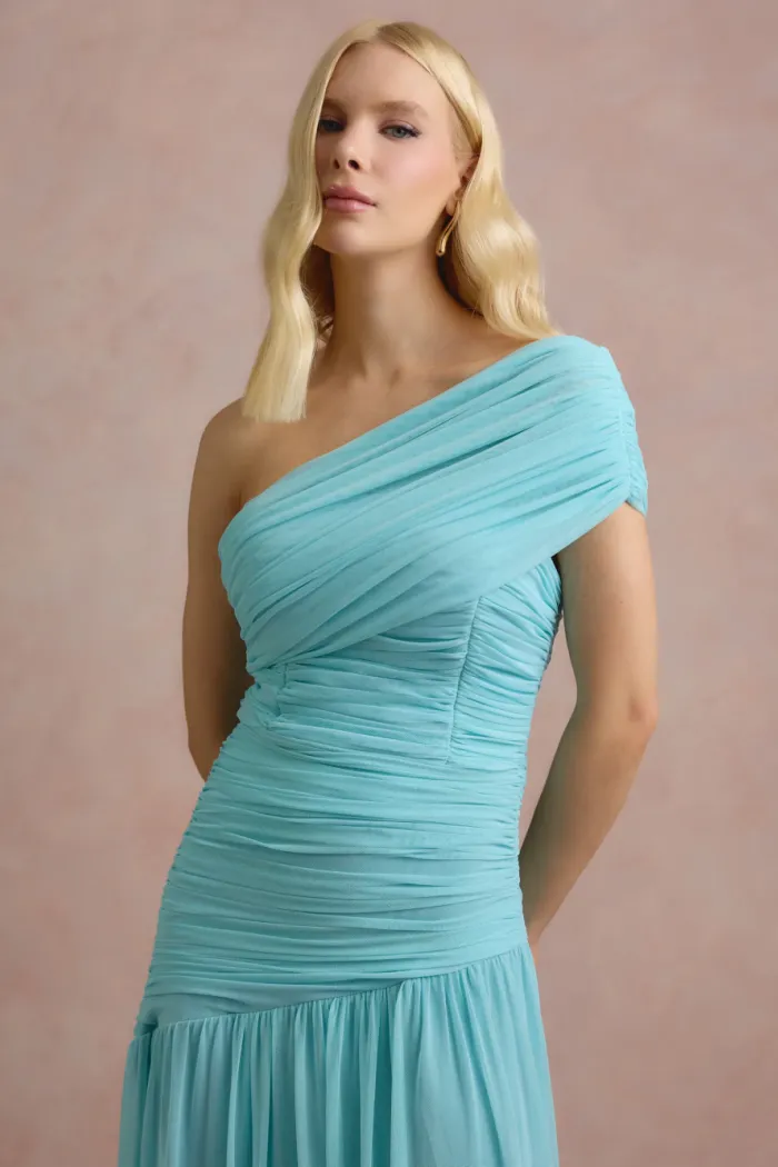 VESTIDO DE FESTA ALICE MICROTULE COM CAPA - AZUL TIFFANY
