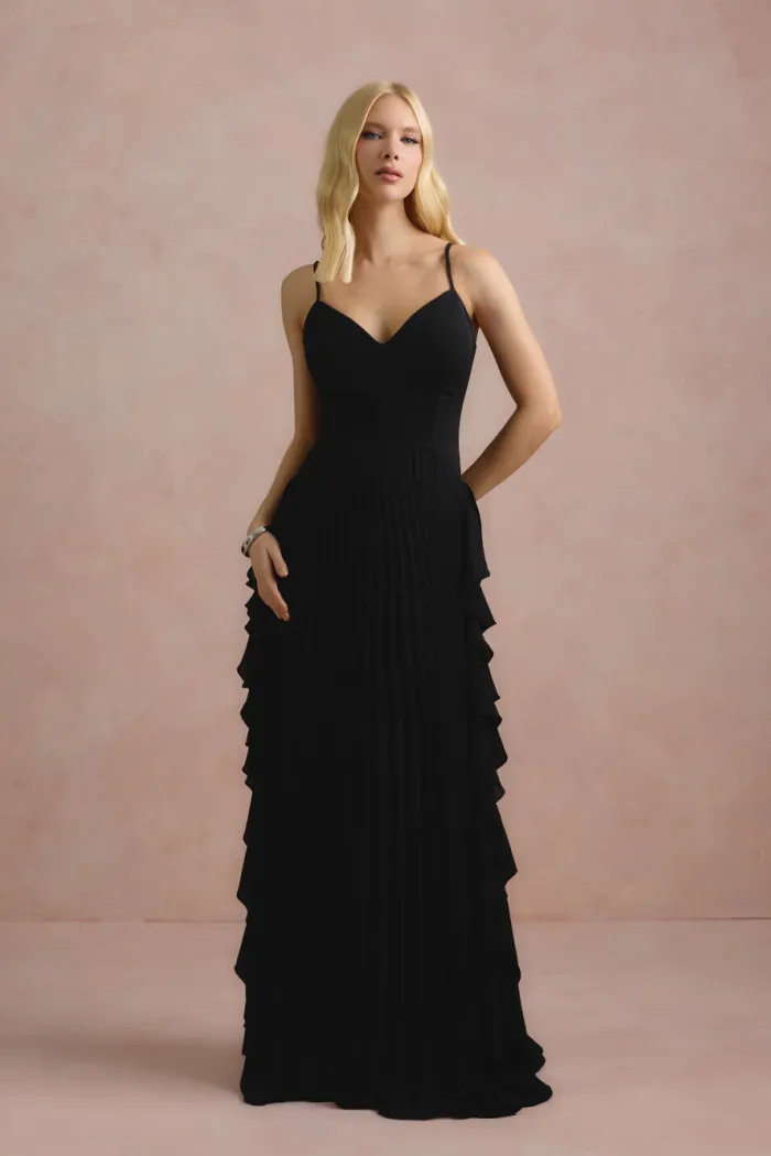VESTIDO LONGO LIVIA PLISSADO - PRETO