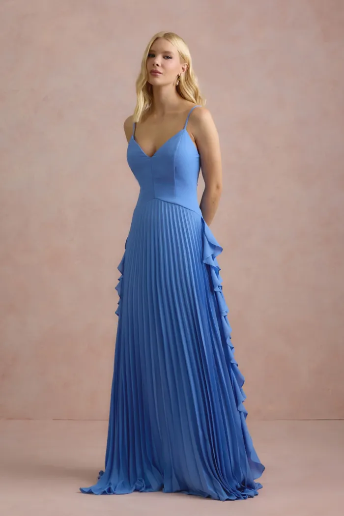 VESTIDO LONGO LIVIA PLISSADO - AZUL SERENITY