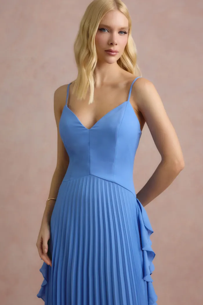 VESTIDO LONGO LIVIA PLISSADO - AZUL SERENITY