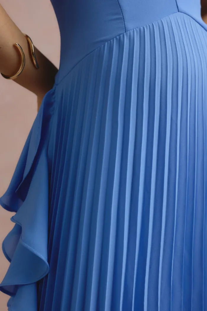 VESTIDO LONGO LIVIA PLISSADO - AZUL SERENITY