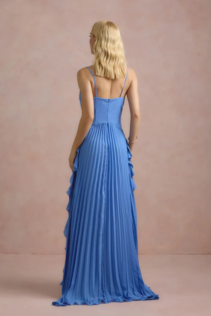 VESTIDO LONGO LIVIA PLISSADO - AZUL SERENITY
