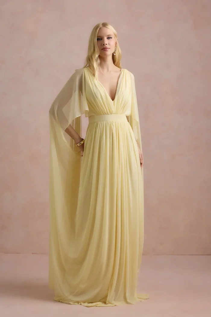VESTIDO DE FESTA ANGELINA MANGA CAPA - AMARELO