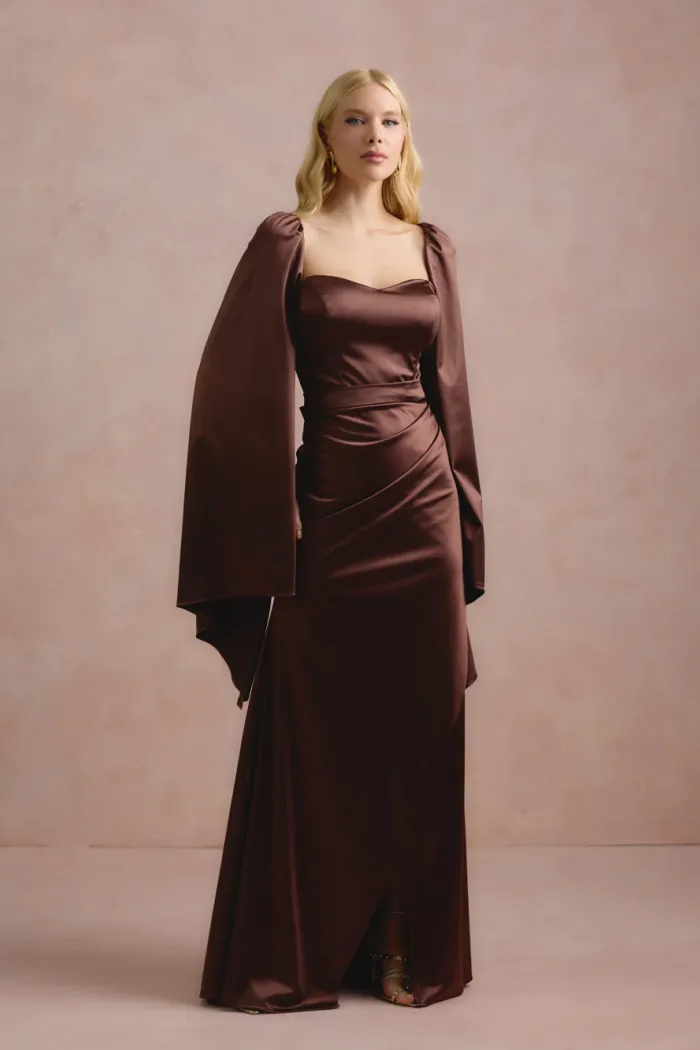VESTIDO DE FESTA AURA SAIA TRANSPASSADA - MARROM