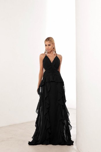 VESTIDO DÉBORA CUT OUT BABADOS - PRETO