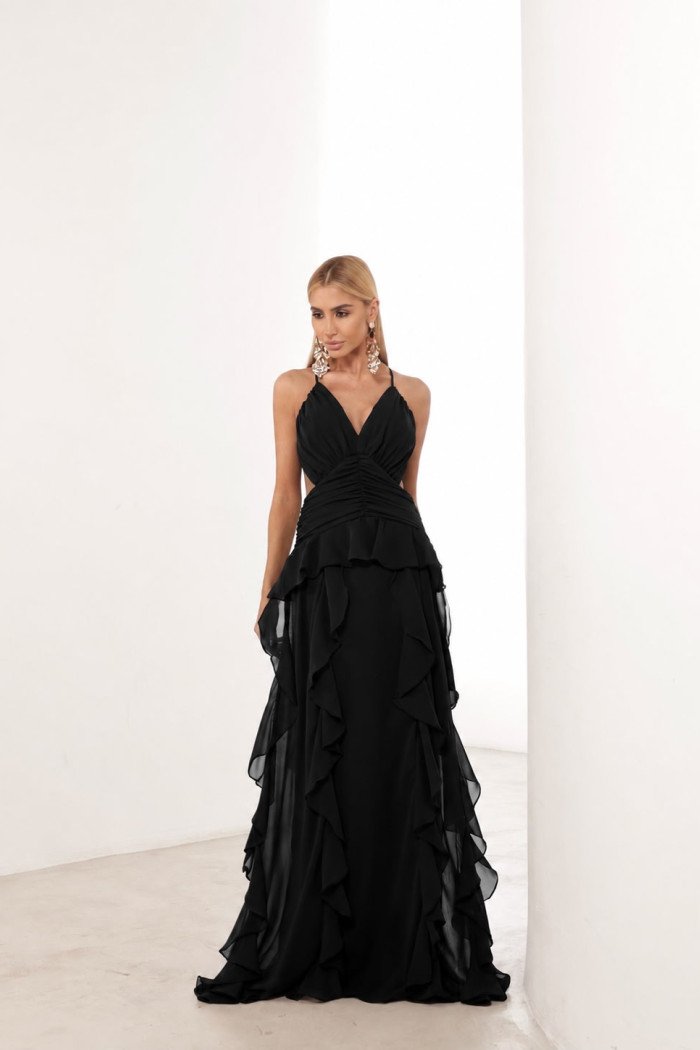 VESTIDO DÉBORA CUT OUT BABADOS - PRETO