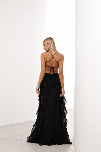 VESTIDO DÉBORA CUT OUT BABADOS - PRETO