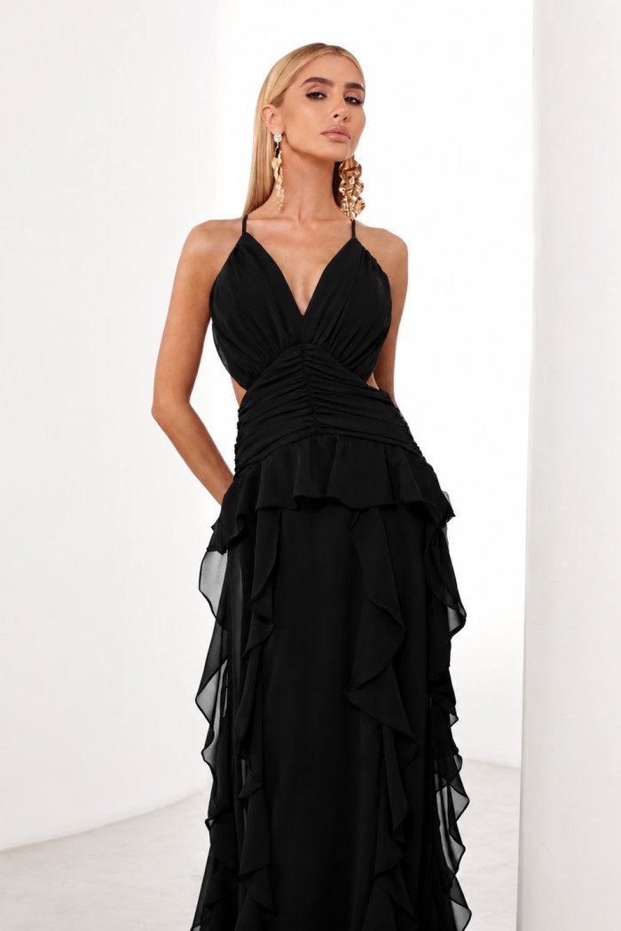 VESTIDO DÉBORA CUT OUT BABADOS - PRETO