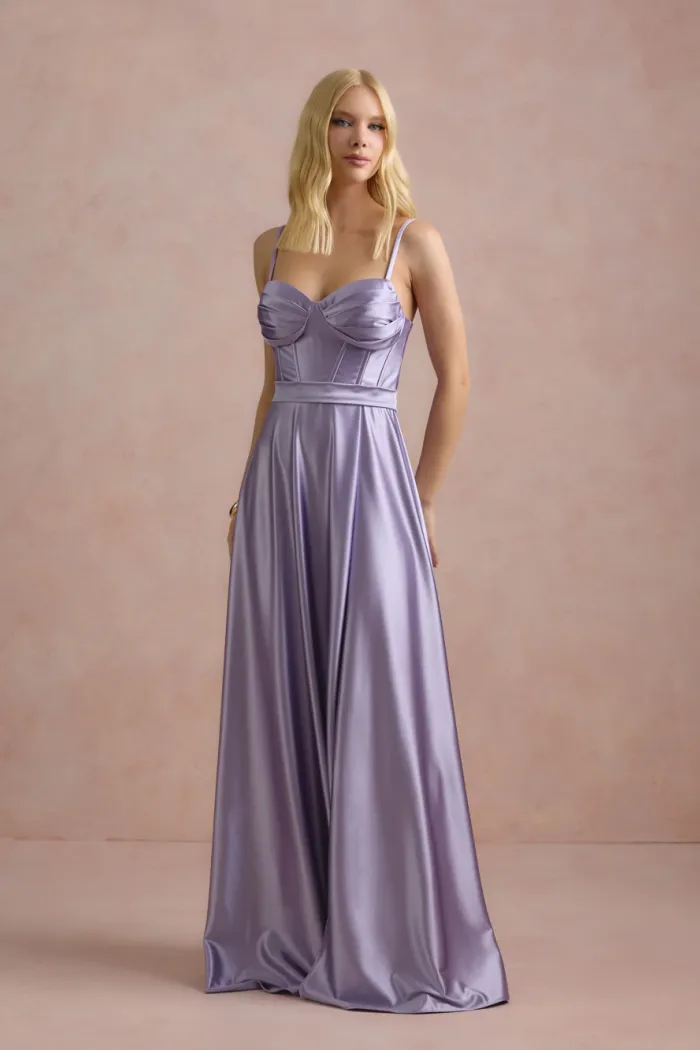 VESTIDO DE FESTA GLAMOUR COM CAPA CREPE ACETINADO - LILÁS
