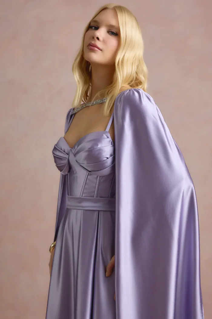 VESTIDO DE FESTA GLAMOUR COM CAPA CREPE ACETINADO - LILÁS
