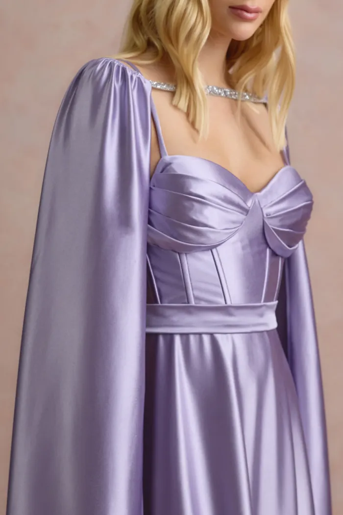 VESTIDO DE FESTA GLAMOUR COM CAPA CREPE ACETINADO - LILÁS