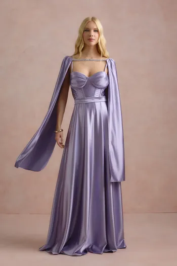 VESTIDO DE FESTA GLAMOUR COM CAPA CREPE ACETINADO - LILÁS
