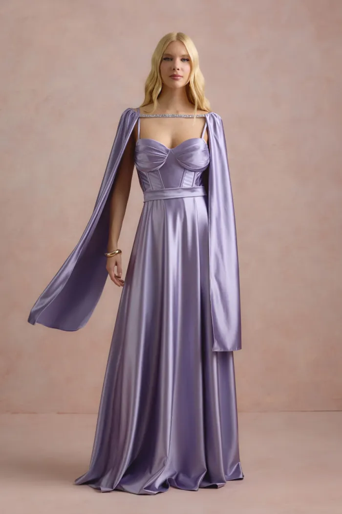VESTIDO DE FESTA GLAMOUR COM CAPA CREPE ACETINADO - LILÁS
