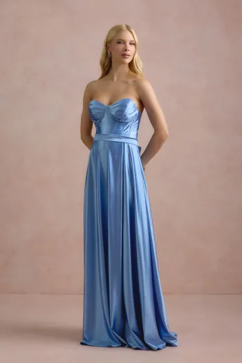 VESTIDO DE FESTA GLAMOUR COM CAPA CREPE ACETINADO - AZUL SERENITY