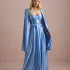 VESTIDO DE FESTA GLAMOUR COM CAPA CREPE ACETINADO - AZUL SERENITY
