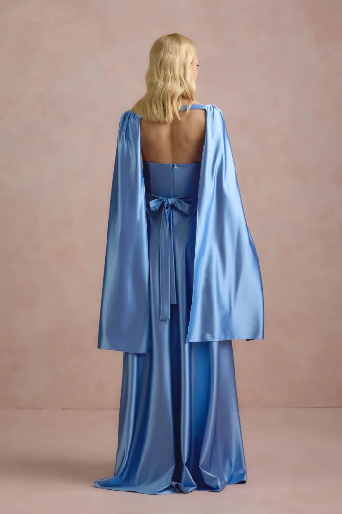 VESTIDO DE FESTA GLAMOUR COM CAPA CREPE ACETINADO - AZUL SERENITY