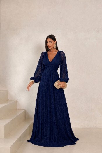 VESTIDO DE FESTA HELOISE RENDA MANGA LONGA - AZUL MARINHO