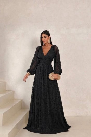 VESTIDO DE FESTA HELOISE RENDA MANGA LONGA - PRETO