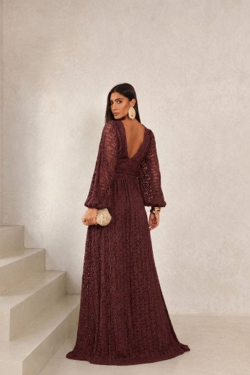 VESTIDO DE FESTA HELOISE RENDA MANGA LONGA - MARROM