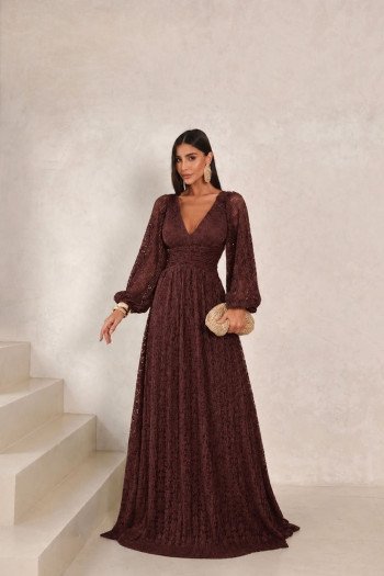 VESTIDO DE FESTA HELOISE RENDA MANGA LONGA - MARROM