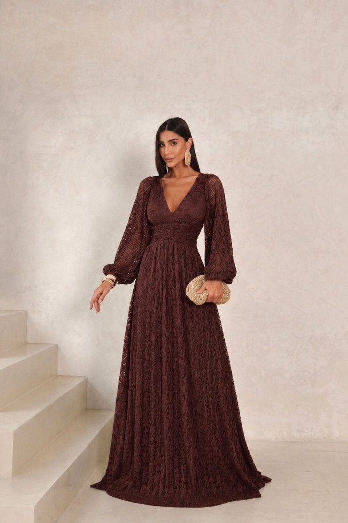 VESTIDO DE FESTA HELOISE RENDA MANGA LONGA - MARROM