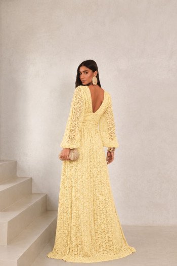 VESTIDO DE FESTA HELOISE RENDA MANGA LONGA - AMARELO