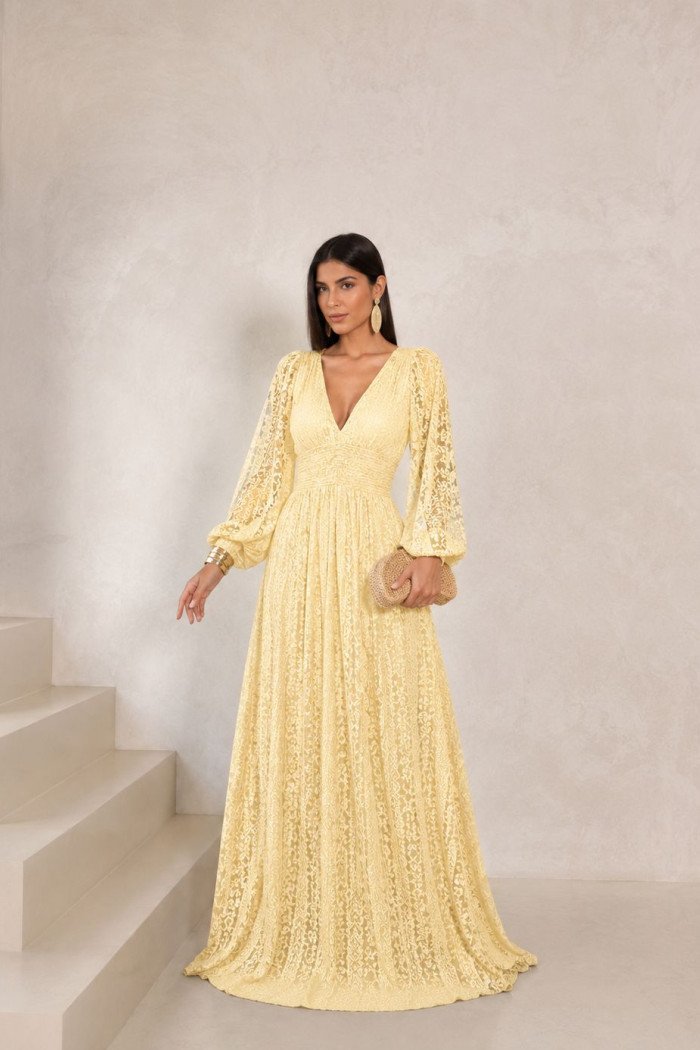 VESTIDO DE FESTA HELOISE RENDA MANGA LONGA - AMARELO