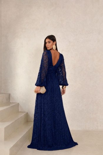 VESTIDO DE FESTA HELOISE RENDA MANGA LONGA - AZUL MARINHO