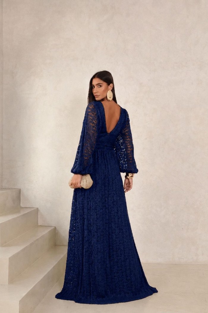 VESTIDO DE FESTA HELOISE RENDA MANGA LONGA - AZUL MARINHO