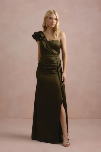 VESTIDO DE FESTA LUCY CREPE ACETINADO UM OMBRO - VERDE OLIVA