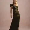 VESTIDO DE FESTA LUCY CREPE ACETINADO UM OMBRO - VERDE OLIVA