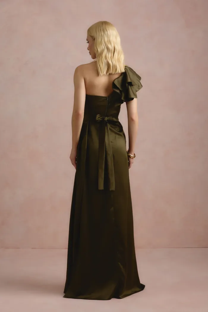 VESTIDO DE FESTA LUCY CREPE ACETINADO UM OMBRO - VERDE OLIVA