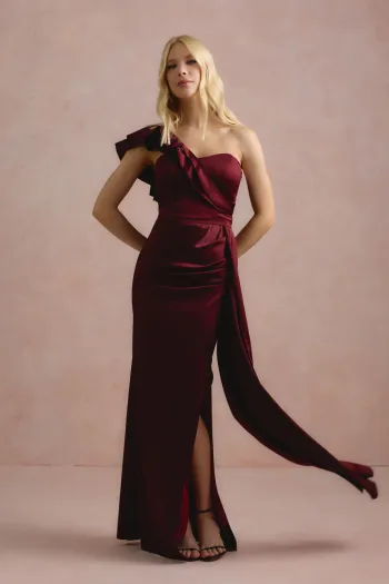 VESTIDO DE FESTA LUCY CREPE ACETINADO UM OMBRO - MARSALA