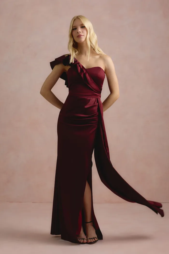 VESTIDO DE FESTA LUCY CREPE ACETINADO UM OMBRO - MARSALA