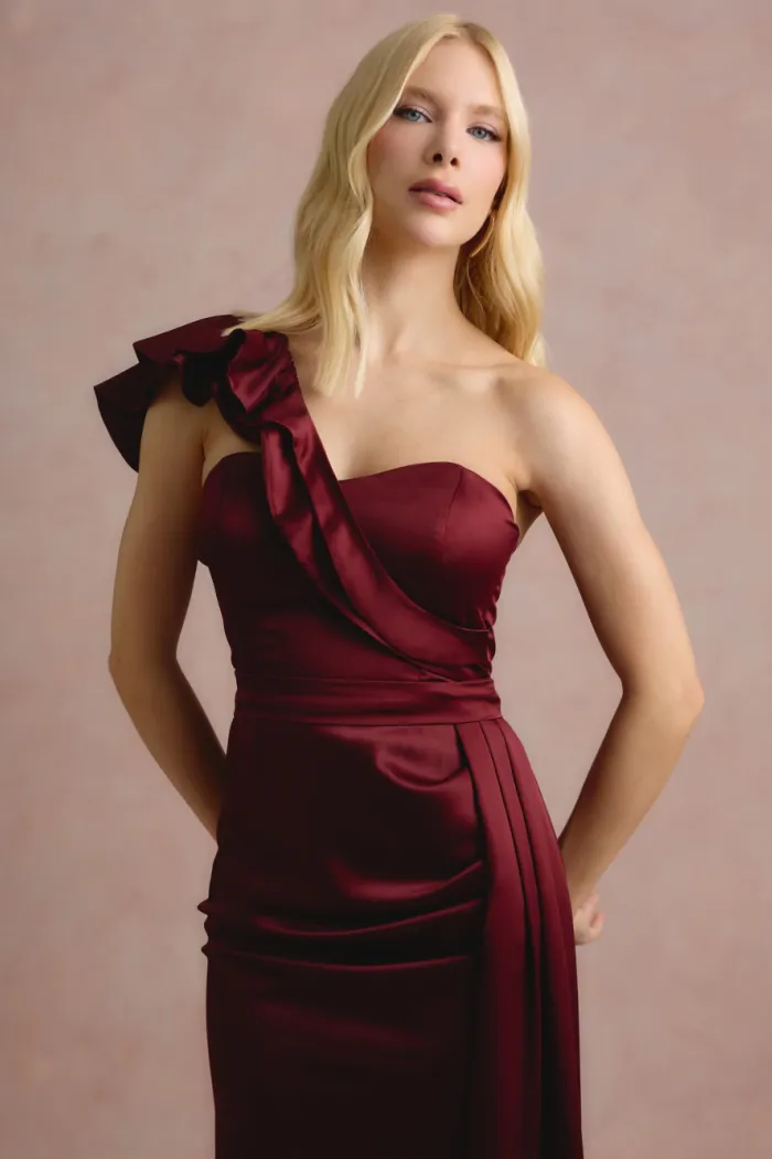 VESTIDO DE FESTA LUCY CREPE ACETINADO UM OMBRO - MARSALA