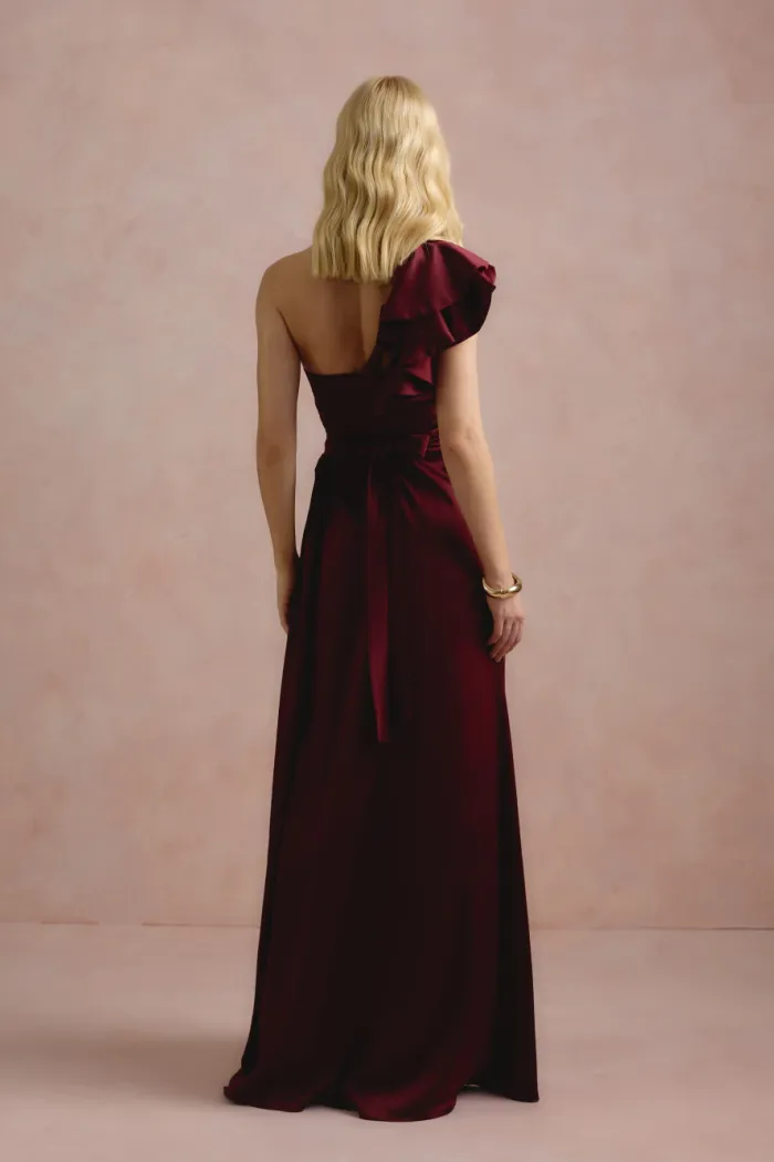 VESTIDO DE FESTA LUCY CREPE ACETINADO UM OMBRO - MARSALA