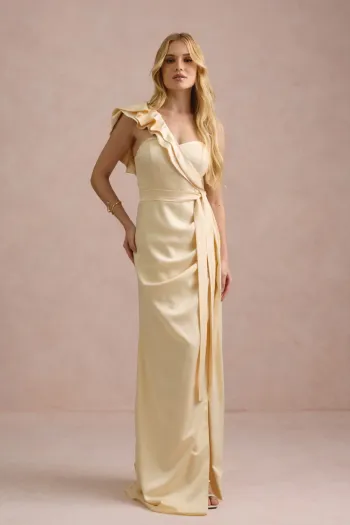 VESTIDO DE FESTA LUCY CREPE ACETINADO UM OMBRO - AMARELO MANTEIGA