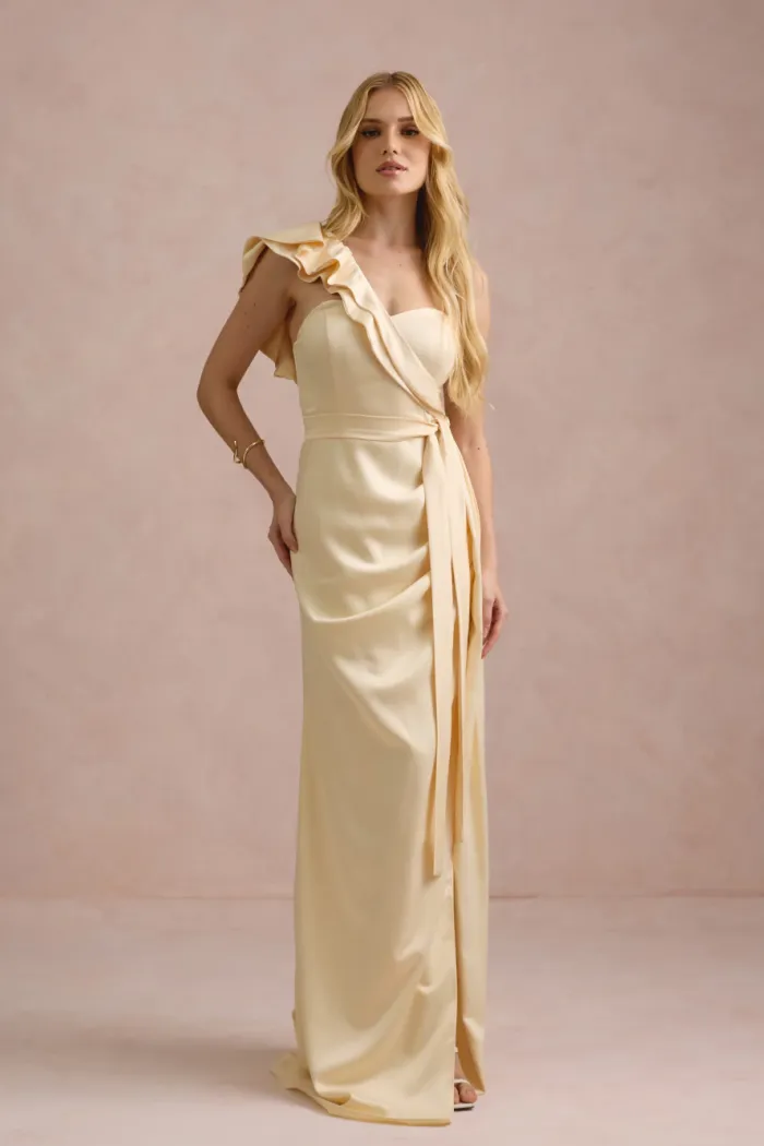 VESTIDO DE FESTA LUCY CREPE ACETINADO UM OMBRO - AMARELO MANTEIGA