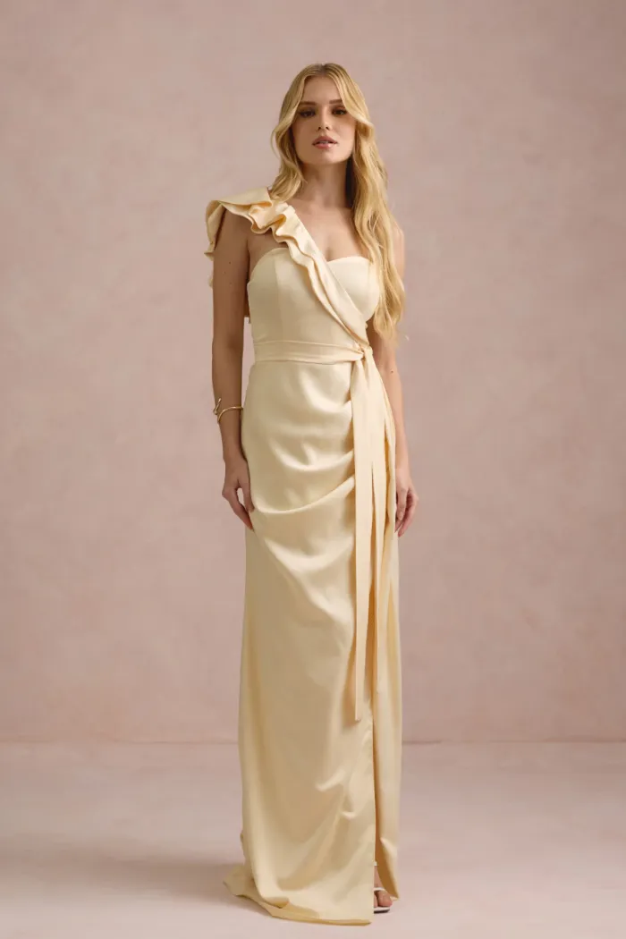 VESTIDO DE FESTA LUCY CREPE ACETINADO UM OMBRO - AMARELO MANTEIGA