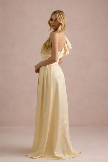 VESTIDO DE FESTA LUCY CREPE ACETINADO UM OMBRO - AMARELO MANTEIGA