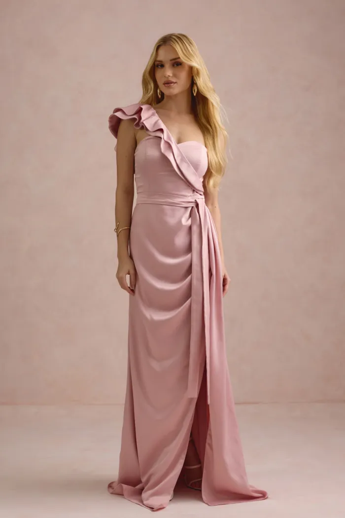 VESTIDO DE FESTA LUCY CREPE ACETINADO UM OMBRO - ROSÉ