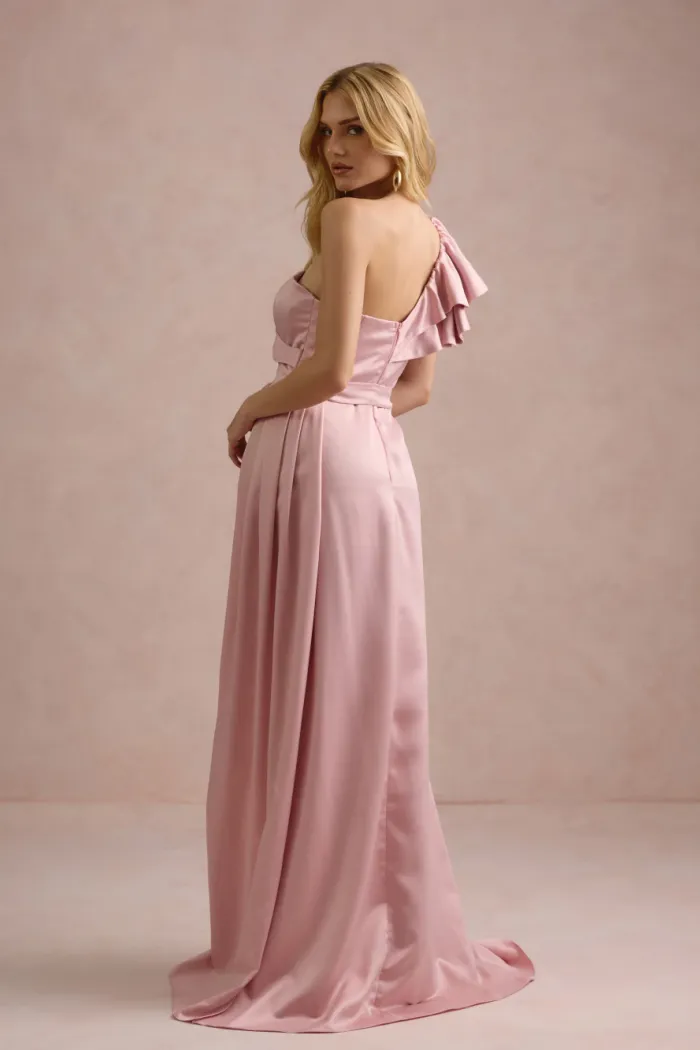 VESTIDO DE FESTA LUCY CREPE ACETINADO UM OMBRO - ROSÉ
