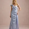 VESTIDO DE FESTA LUCY CREPE ACETINADO UM OMBRO - AZUL SERENITY