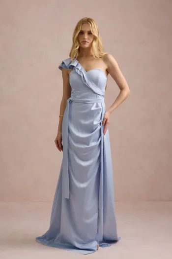 VESTIDO DE FESTA LUCY CREPE ACETINADO UM OMBRO - AZUL SERENITY