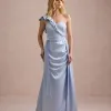VESTIDO DE FESTA LUCY CREPE ACETINADO UM OMBRO - AZUL SERENITY
