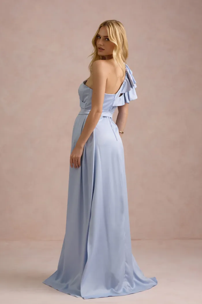 VESTIDO DE FESTA LUCY CREPE ACETINADO UM OMBRO - AZUL SERENITY