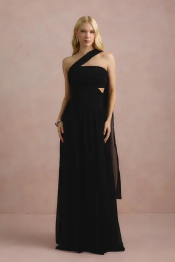 VESTIDO DE FESTA CECÍLIA CHIFFON CAPA OMBRO - PRETO