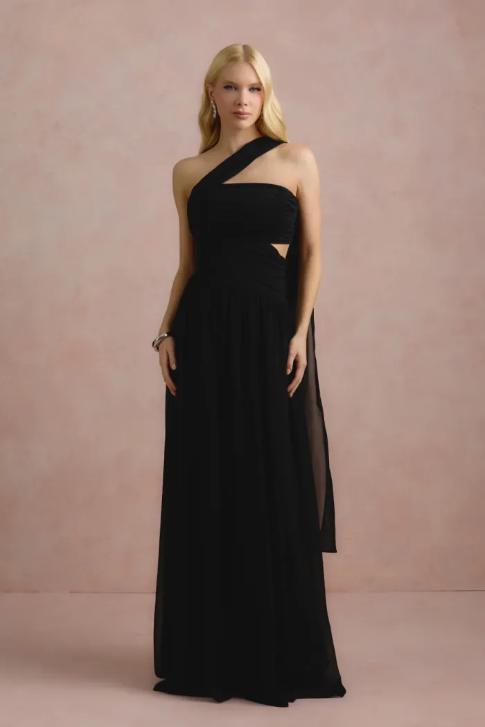 VESTIDO DE FESTA CECÍLIA CHIFFON CAPA OMBRO - PRETO