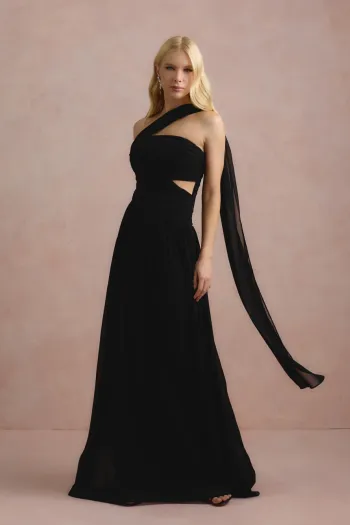VESTIDO DE FESTA CECÍLIA CHIFFON CAPA OMBRO - PRETO